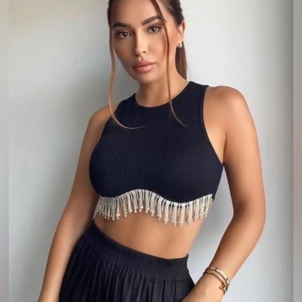 Zara Black Seamless Rhinestone Crop Top new with tags size XS/S - Picture 1 of 5